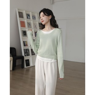 浅绿色撞色假两件针织衫女2025新款小个子设计感显瘦上衣打底衫秋