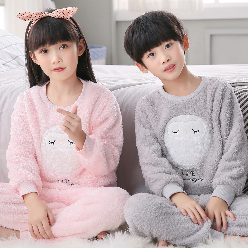 儿童睡衣法兰绒秋冬男女小孩加厚珊瑚绒长袖居家服中大童宝宝套装