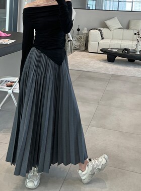 momo大姐姐夏季新款灰色百褶裙小个子半身裙女高腰显瘦裙子中长裙