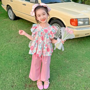 女童夏季粉色碎花套装儿童洋气裤子2024新款女宝宝时髦两件套夏装
