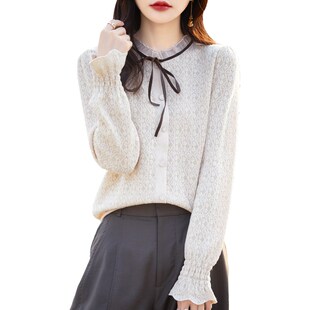 早春木耳领拼色精纺羊毛开衫女蕾丝镂空提花长袖毛衣宽松外搭上衣