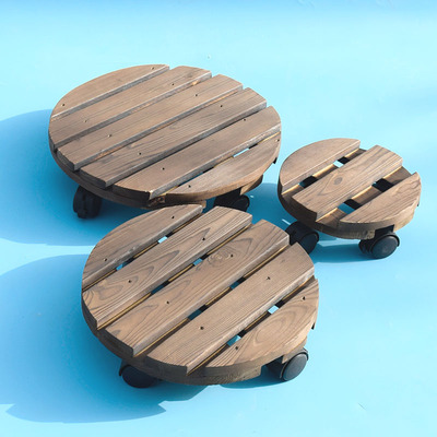 加厚实木带轮花盆可移动圆形花盘底座滚轮实木花盆底座万向轮托盘