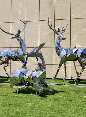 定制不锈钢鹿雕塑户外几何切面动物麋鹿镜面发光草坪装饰落地摆件