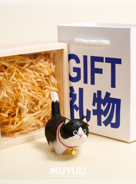手工木雕迷你猫咪办公电脑桌面摆件小猫招财猫七夕生日礼物情人节
