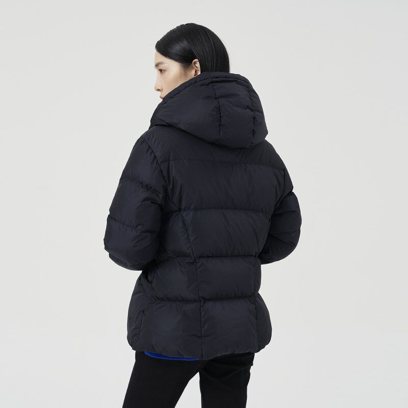 【90鹅绒】OTT冬季新款黑色连帽抽绳羽绒服女短款加厚鹅绒外套