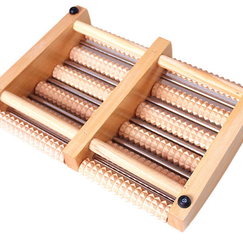 家用脚底按摩器滚轮式实木质足部穴位搓排木制足底按摩器荷木七排