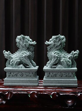 中国风一对麒麟招财摆件石雕神兽镇宅看门鱼缸造景客厅桌面装饰品