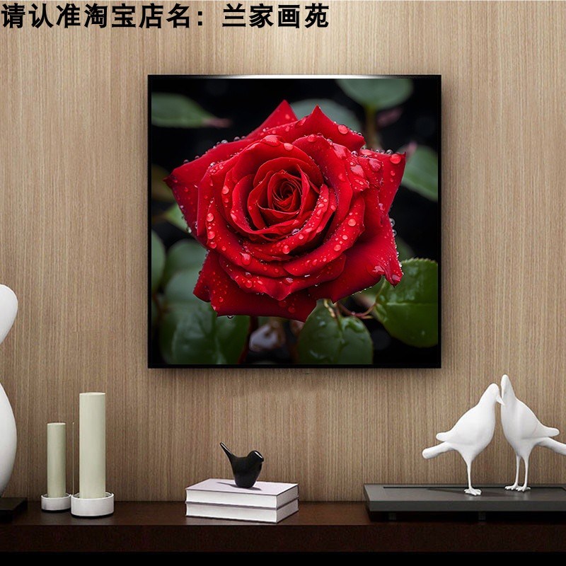 高清卧室床头红玫瑰花挂画客厅沙发方形花卉装饰画美容店墙壁饰画图片