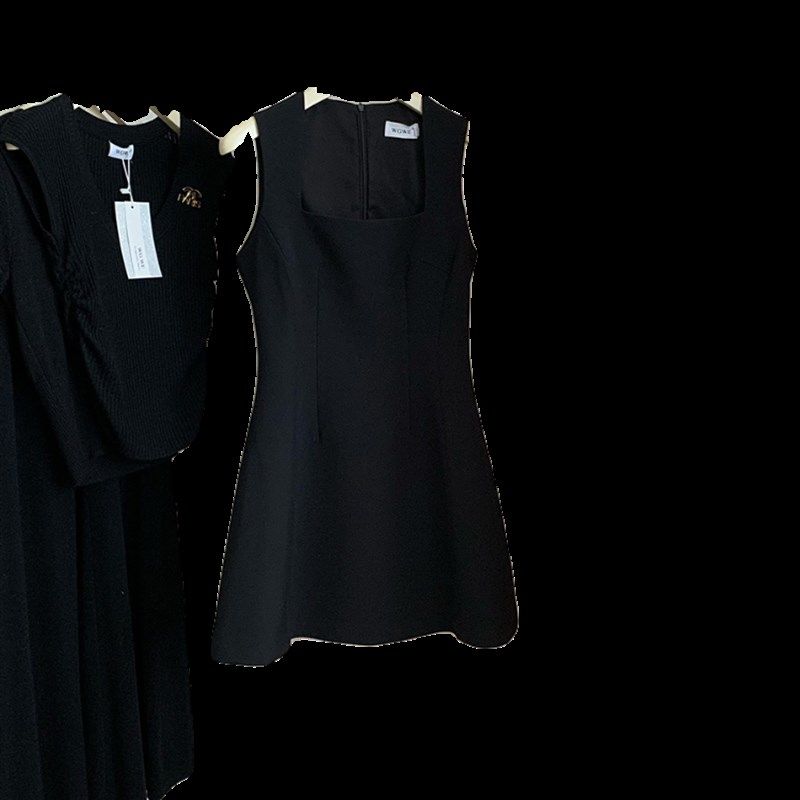 法式黑色吊带连衣裙女修身内搭夏小众气质方领a字短款西装背心裙