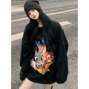 黑色加绒加厚圆领卫衣女秋冬高个子大版美式宽松遮屁股外套中长款