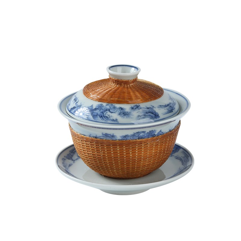 竹柒阁青花竹丝扣瓷竹编盖碗茶杯景德镇手绘茶具泡茶杯国礼套装