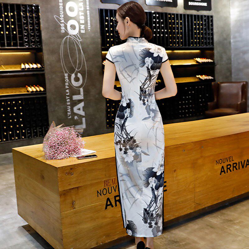 水墨画旗袍走秀演出礼服长款年轻洋气连衣裙荷花图案女夏装中国风