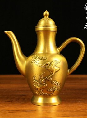 铜壶松鹤延年酒壶工艺品摆件纯铜餐厅酒壶宴会家居婚庆铜酒壶铜器