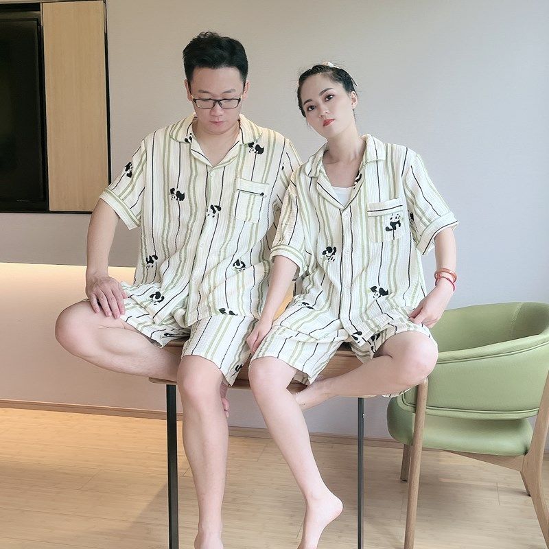 大码情侣睡衣200斤胖M夏季男款加肥加大纯棉纱布薄款家居服两件套