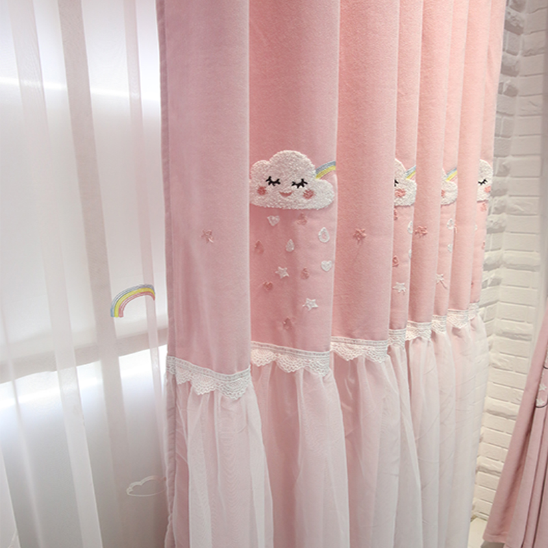 可爱卡通粉色韩式公主儿童房窗帘遮光布女孩卧室少女飘窗定制云朵