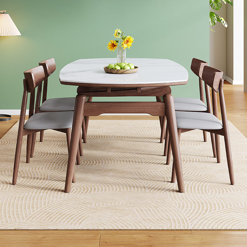 卡答黑胡桃木色12mm亮光岩板可伸缩圆餐桌实木折叠家用小户型饭桌