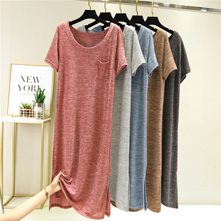 长裙宽松大码 短袖 棉质睡裙针织开叉裙 外穿连衣裙女夏薄款 2020新款