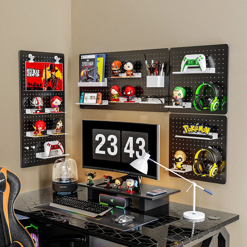 电竞房洞洞板装饰黑色墙上置物架电脑桌收纳工具墙冲孔挂板免打孔