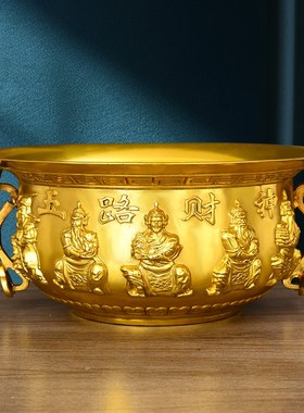 纯黄铜聚宝盆五路财神聚宝盆摆件家用财招装饰品办公室店铺开业礼