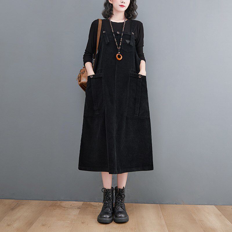大码秋冬文艺灯芯绒背带连衣裙休闲气质单排扣加厚长裙无袖背心裙