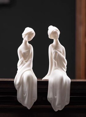 创意陶瓷仕女白瓷中式摆件茶桌茶台禅意线香插炉客厅茶室人物装饰