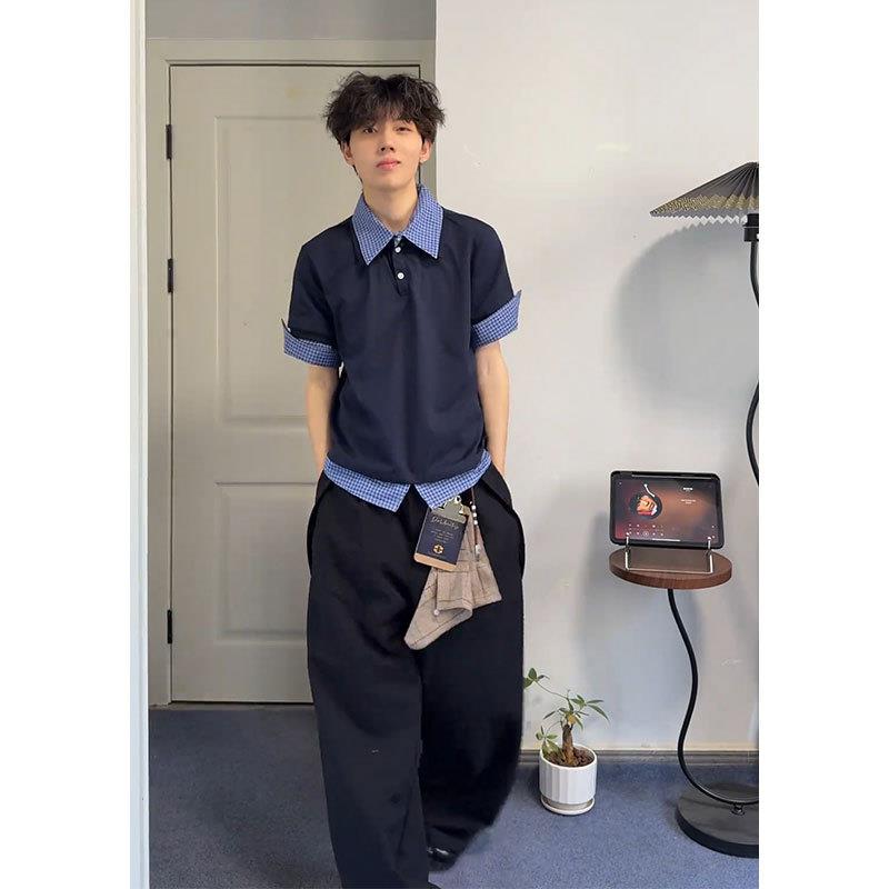 DERT美式假两件短袖T恤POLO领男款夏季学院风格纹半袖上衣服老钱
