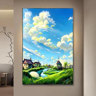 宫崎骏卡通系晴空原野客厅挂画卧室装 饰画田野风景玄关壁画