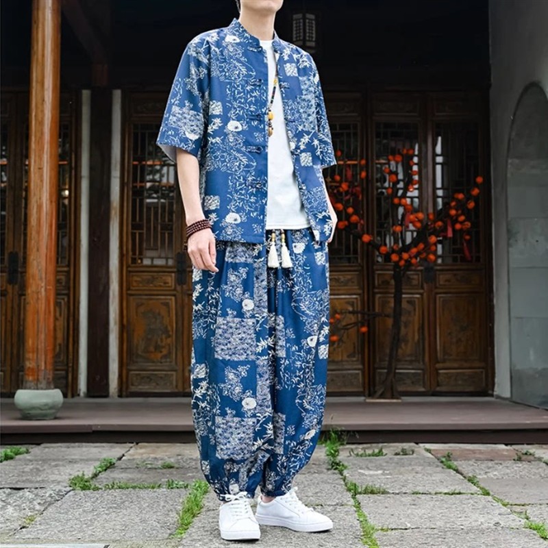 专柜正品】夏季新款中国风冰丝印花男套装短袖衬衫宽松休闲两件套