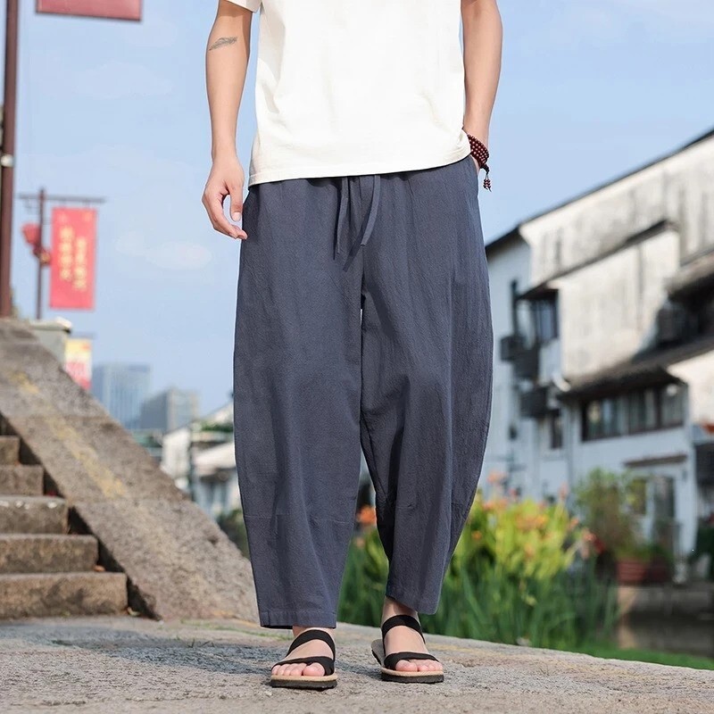 城羽轻奢22026夏季新款大码复古休闲阔腿裤中国风男士九分裤