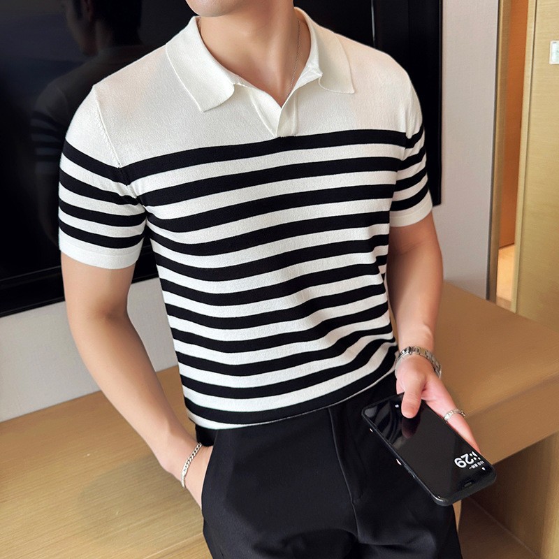 夏季新品男士冰丝薄款POLO衫V领针织短袖横条纹上衣男款