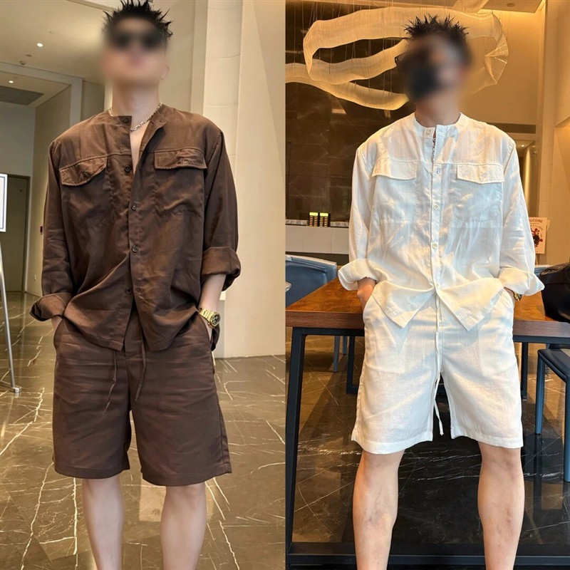 轻奢正品】夏季老钱风男士纯色亚麻衬衫短裤宽松透气休闲时尚套装