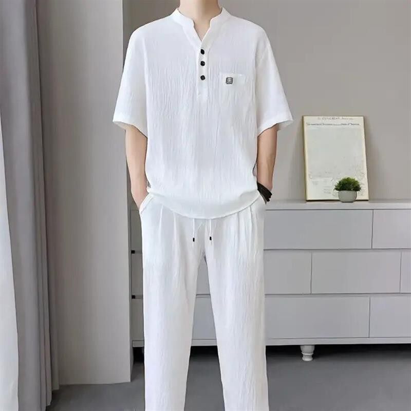 天俊优选百货高档轻奢夏新中式休闲套装男士茶服薄皱感弹力两件套