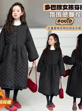 豆丁之家童装女童k冬季o长款加绒加厚棉衣连衣裙中大童r赫本过膝