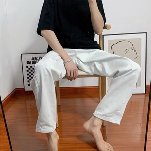 白色破洞牛仔裤男夏季春秋潮百搭新款高腰显瘦宽松直筒阔腿长裤子