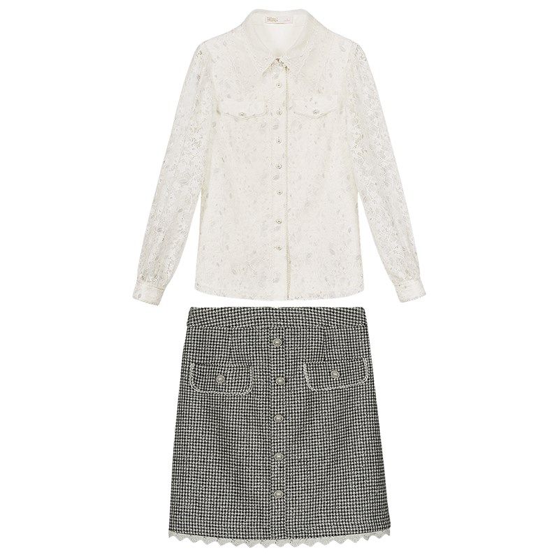 固执2025春季新款娃娃领长袖衬衫+复古格子半身裙时尚套装女装