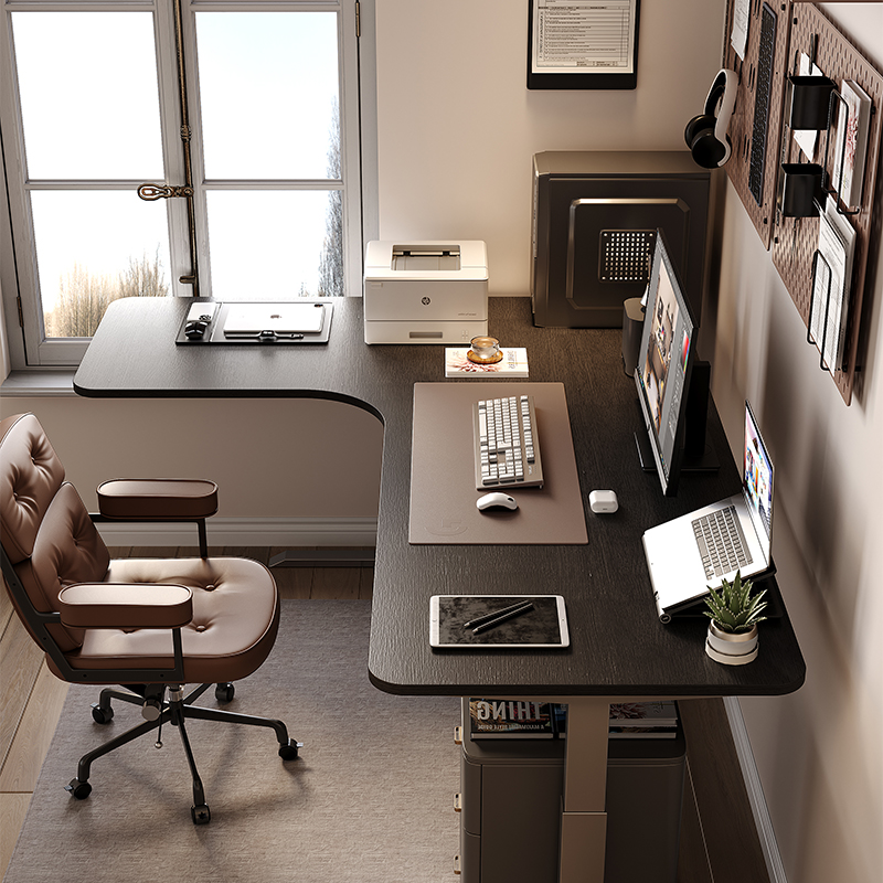 【国内发货】wzo黑色转角升降书桌L型书房电动电脑桌实木拐角书桌