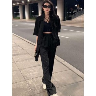 黑色时尚西装套装女2023夏装新款高级感气质短袖薄款阔脚裤两件套