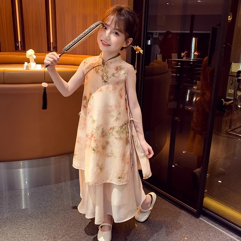 女童新中式旗袍连衣裙夏季2025新款汉服国风女孩洋气公主无袖裙子