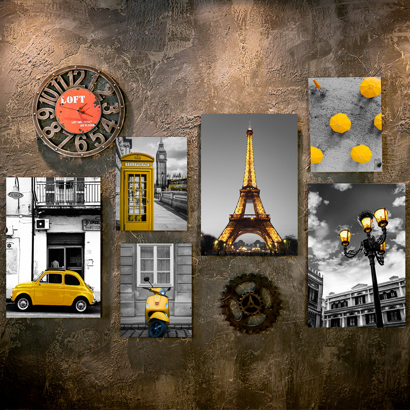 欧式建筑工业风黑白装饰画 复古酒吧KTV网咖墙壁挂画客厅背景墙面图片