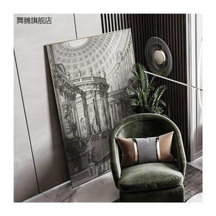 新品复古装饰画客厅沙发背景墙挂画城堡建筑艺术黑白简约巨幅壁画