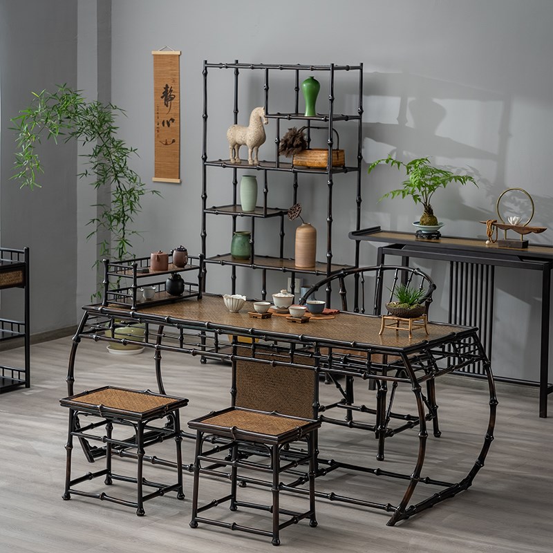 新中式多宝阁茶叶展示陈列柜文玩摆件器具置物竹编艺复古博古架子