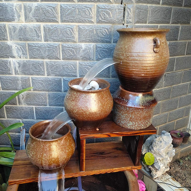 庭院古法鱼缸多层过滤瀑布流水陶罐名宿酒店别墅鱼池流水摆件