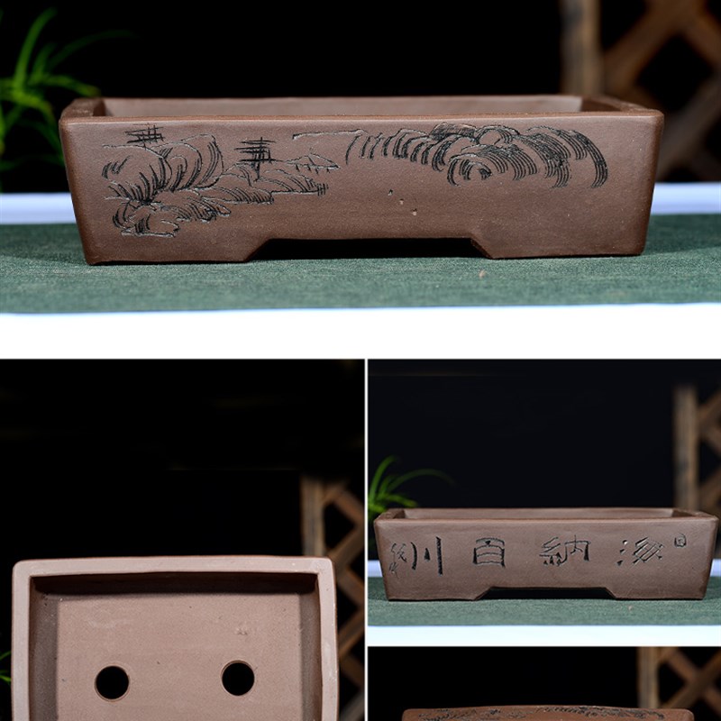 紫砂花盆 微景盆 精品长方盆景盆客厅办公桌面盆栽手工盆景观盆