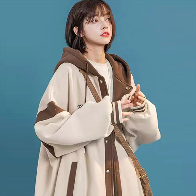 美式拼接撞色开衫卫衣女秋冬