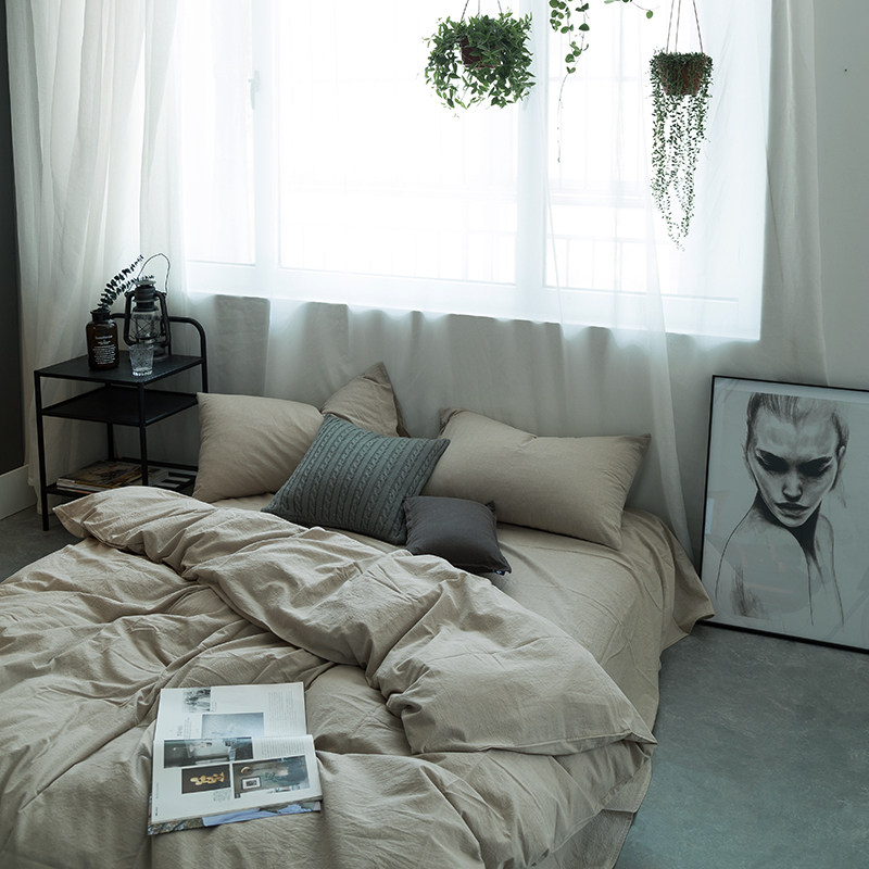 北欧色织全棉水洗棉四件套简约日式纯棉被套1.8m床笠双人1.5床单