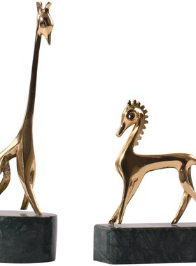 纯铜鹿样板房摆件北欧创意新房绿色大理石美式客厅桌子酒柜电视柜