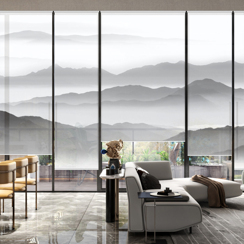 中式山水画卷帘窗帘隔断卷拉式遮阳遮光办公室升降式茶室定制电动