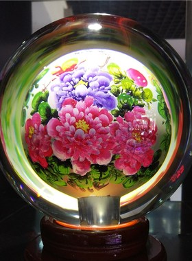 水晶内画球富贵吉祥牡丹花手工艺品艺术国粹客厅玄关装饰送礼摆件