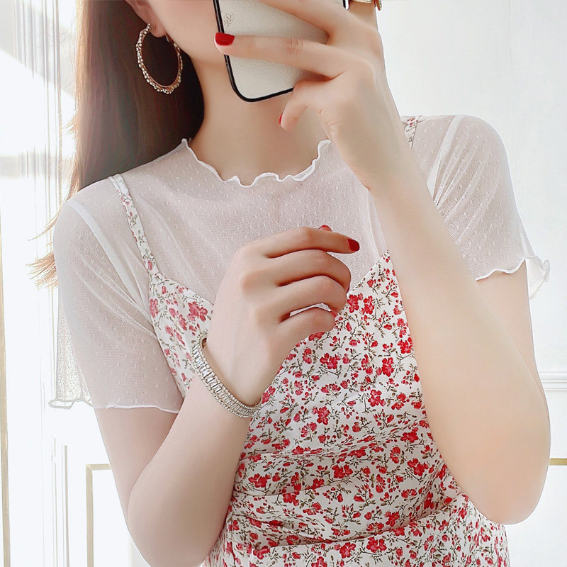 短款蕾丝上衣女防晒罩衫夏季薄款吊带裙内搭t恤短袖黑色网纱打底,女装/女士精品,T恤,淘宝优惠券,粉丝福利购,淘宝优惠卷