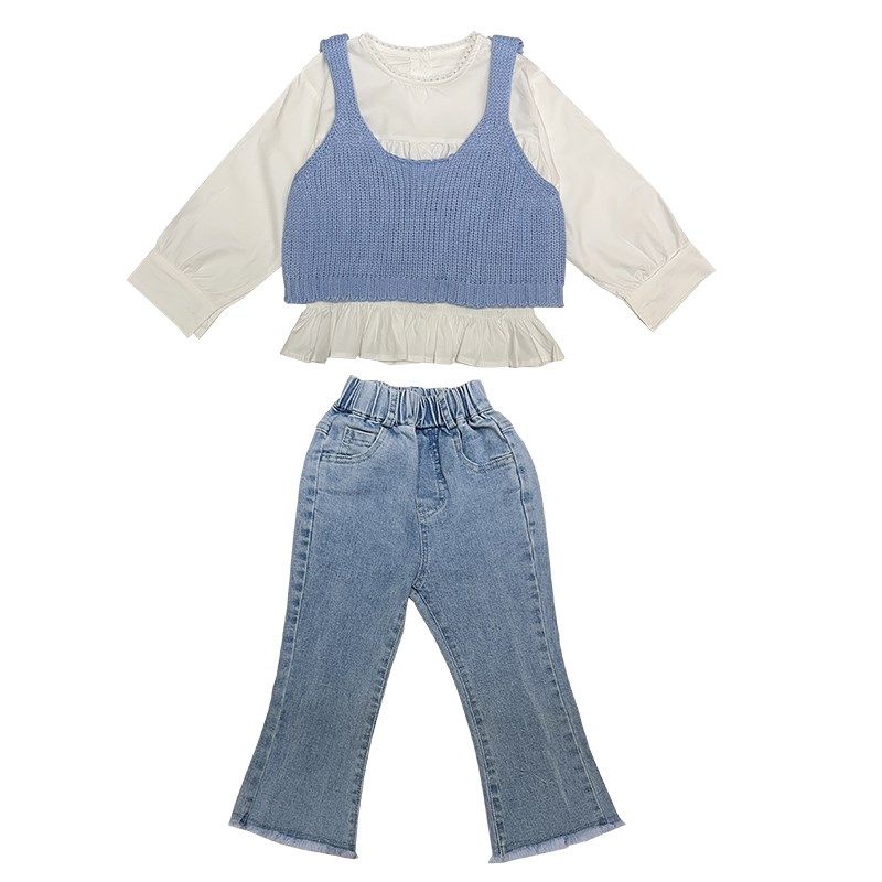 女童针织背心24春季新款女宝休闲毛衣牛仔裤吊带马甲百搭休闲套装